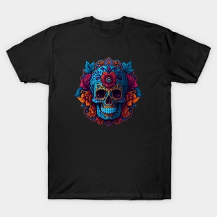 Blossoms of Serenity: Colorful Blue Flower Sugar Skull Artwork T-Shirt